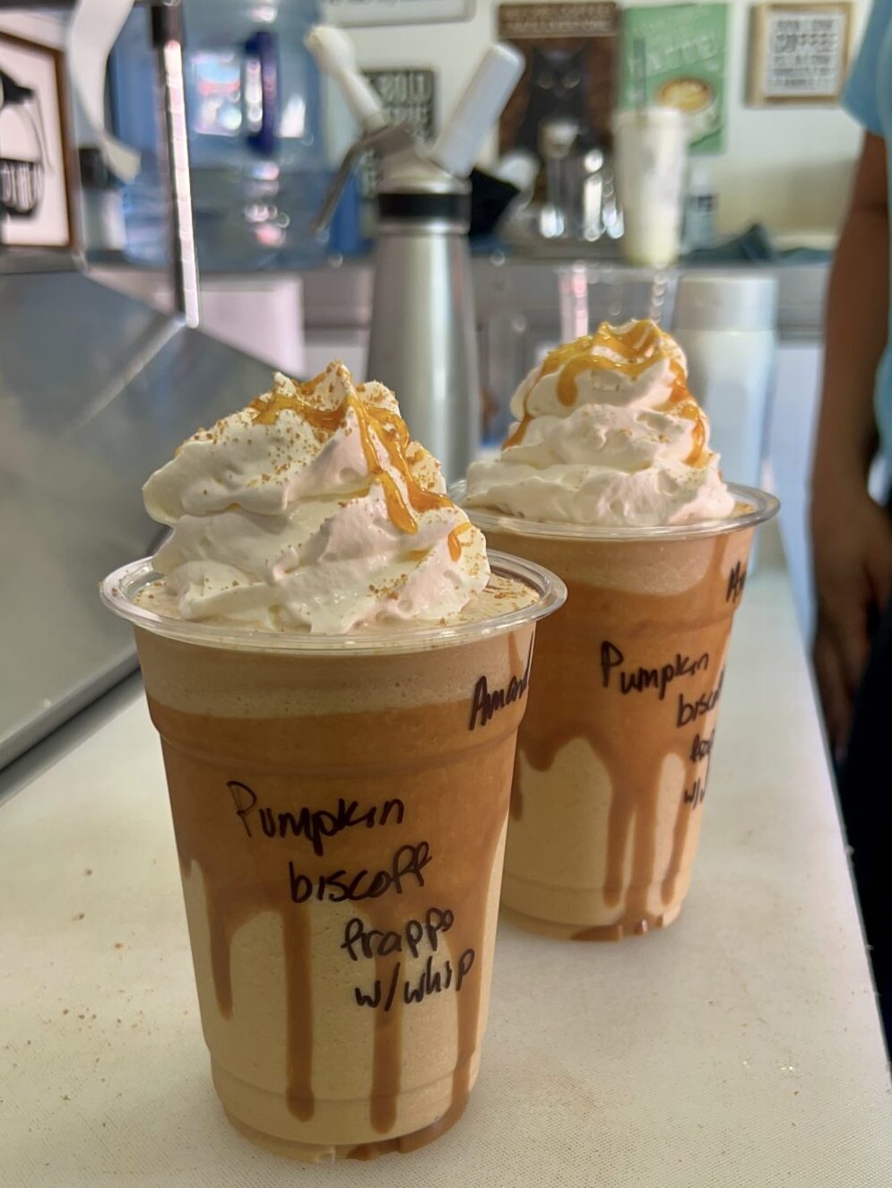 Two pumpkin biscoff frappes ready to serve at the Mocha Motion Coffee truck at Etown Fair 2026