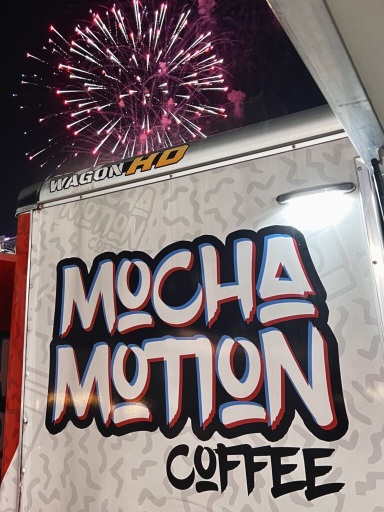 Mocha Motion Coffee truck with fireworks om the background sky at Etown Fair